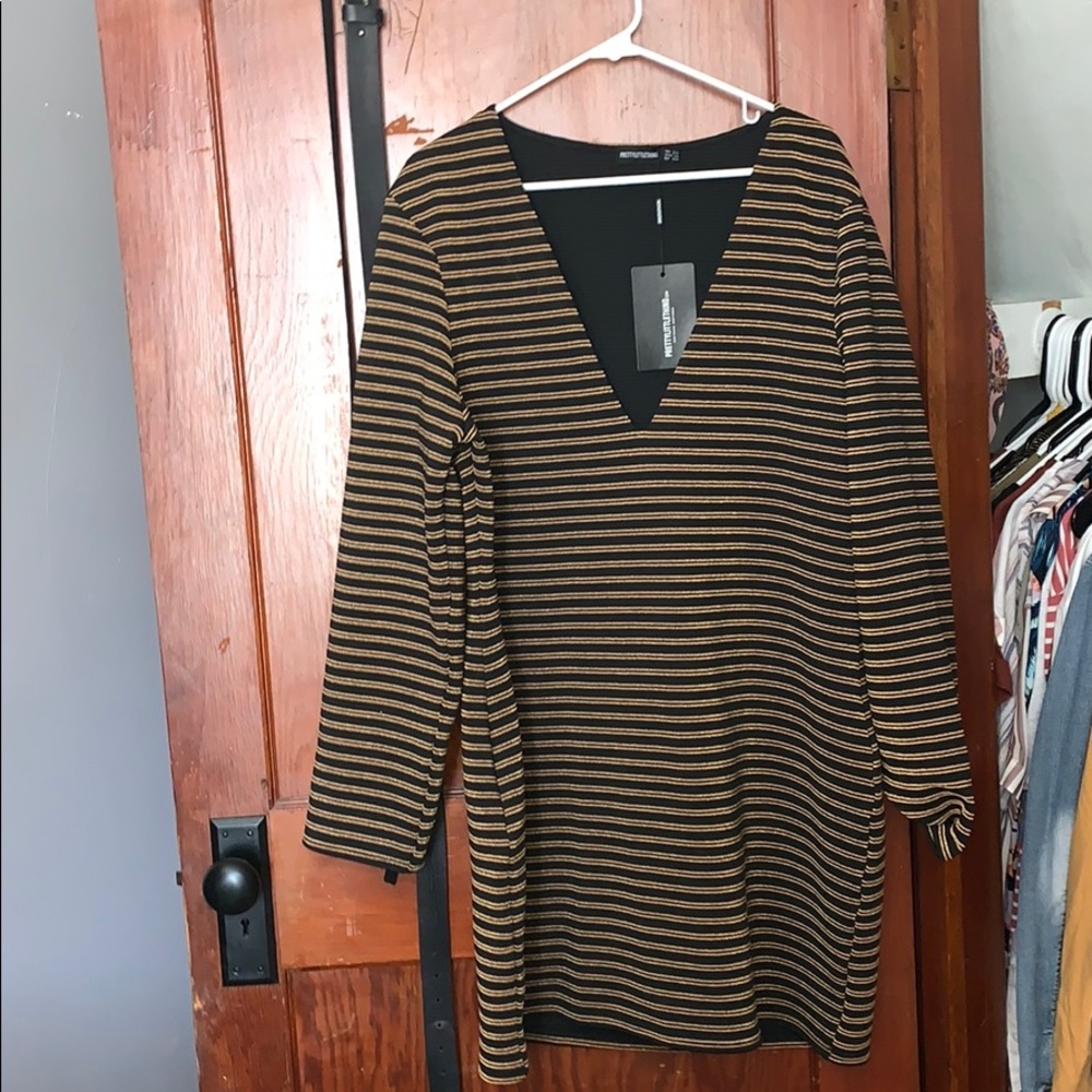 Pretty Little Thing Gold Striped Plunge Bodycon - Picture 1 of 4